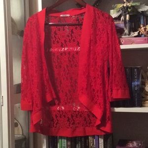 Red lace open-front jacket